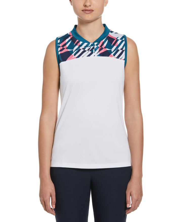 Geometric Print Golf Shirt with Overlapping Back Detail (Bright White) 