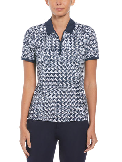 Geometric Print Short Sleeve Golf Polo Shirt with Mesh Inserts (Black Iris) 