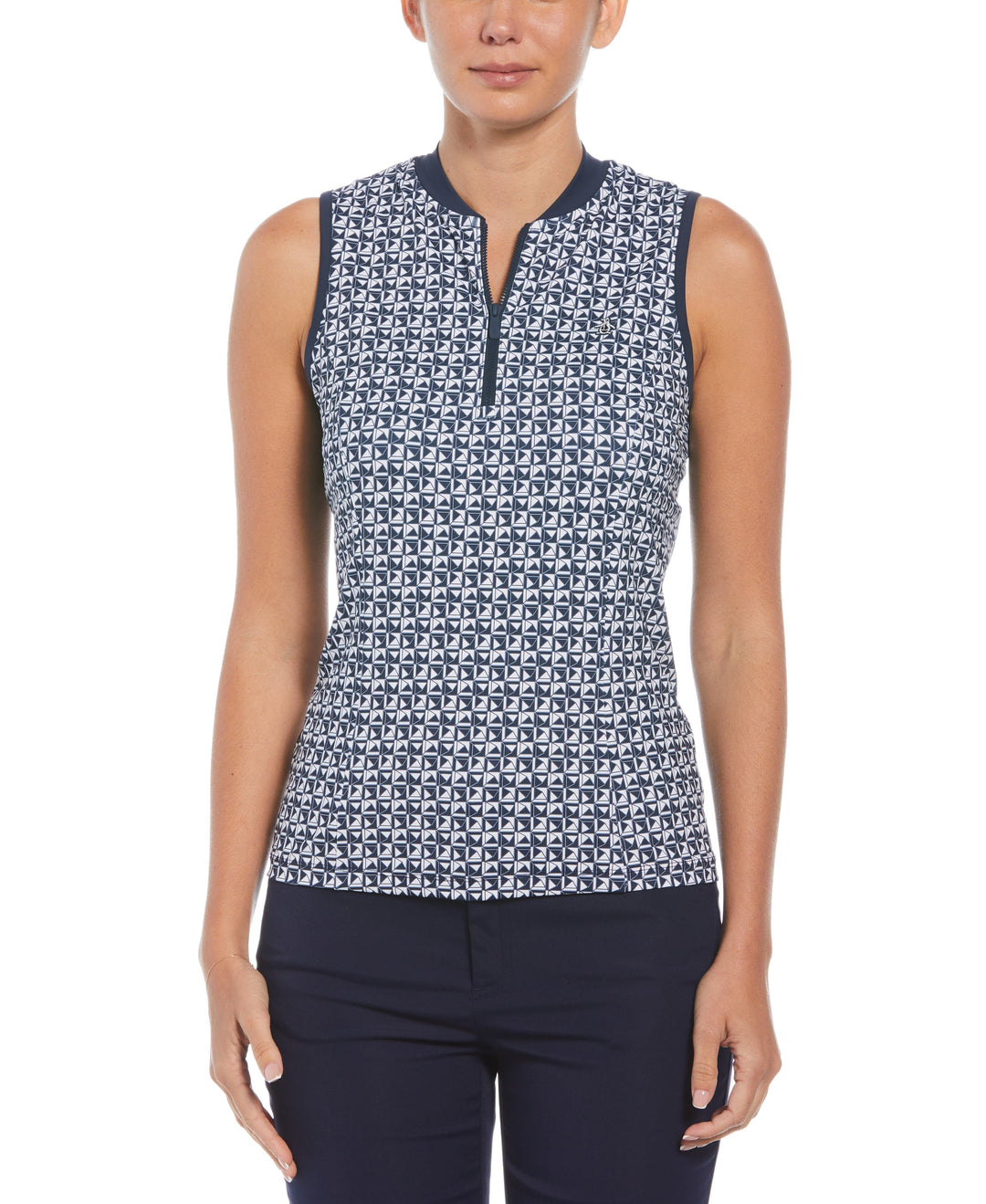 Geometric Print Sleeveless Golf Polo with Mesh Back (Black Iris) 