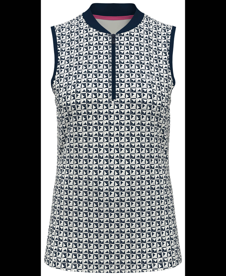 Geometric Print Sleeveless Golf Polo with Mesh Back (Black Iris) 