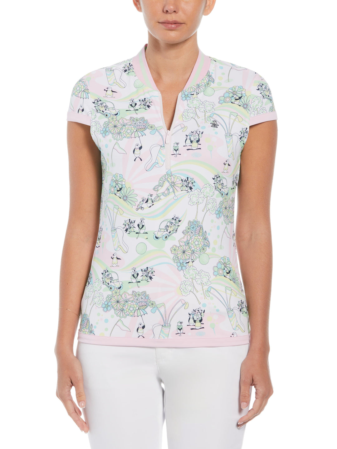 Groovy Pete Print 1/4 Zip Short Sleeve Golf Polo With Ribbed Collar (Bright White) 