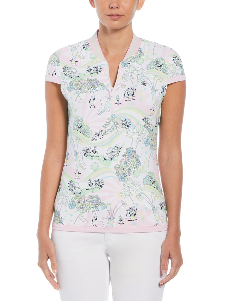 Groovy Pete Print 1/4 Zip Short Sleeve Golf Polo With Ribbed Collar (Bright White) 