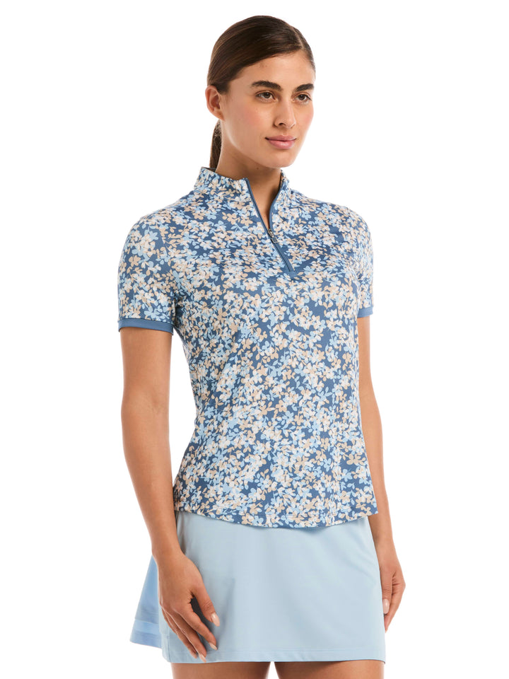 Women's Layered Floral Print Zip Mock Neck Polo