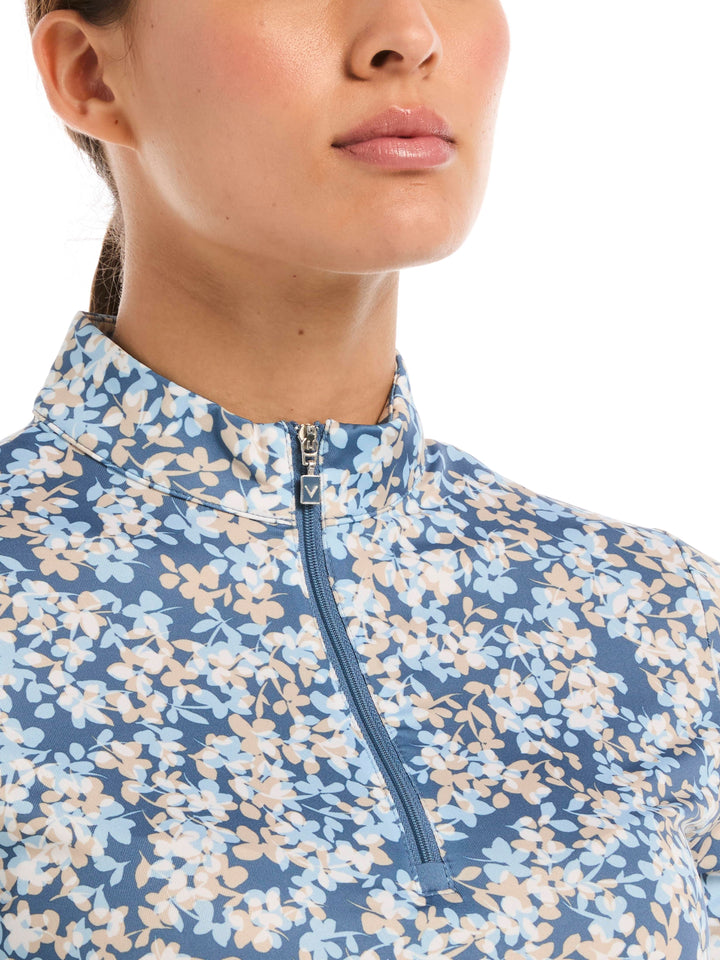 Women's Layered Floral Print Zip Mock Neck Polo