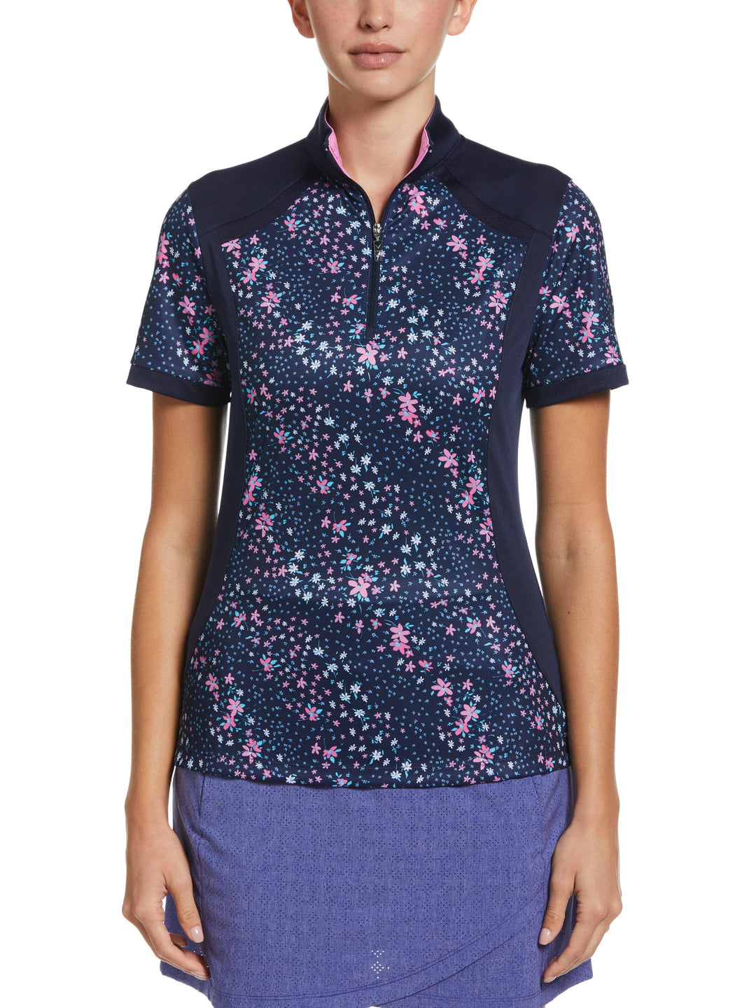 Mini Floral Print Zip Golf Polo (Peacoat) 