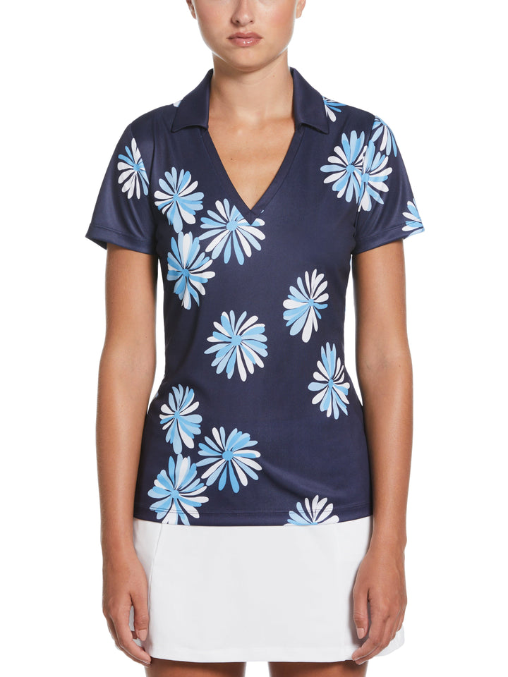 OPEN FLORAL Short Sleeve  "V" NECK POLO (Peacoat) 