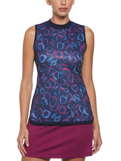 Petal Print Golf Top with Side Curved Hem (Peacoat) 