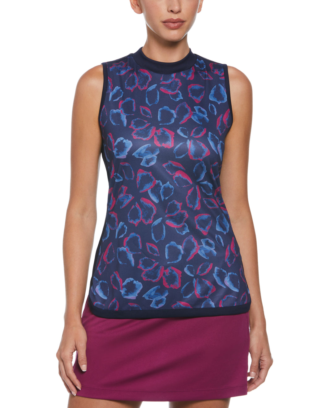 Petal Print Golf Top with Side Curved Hem (Peacoat) 