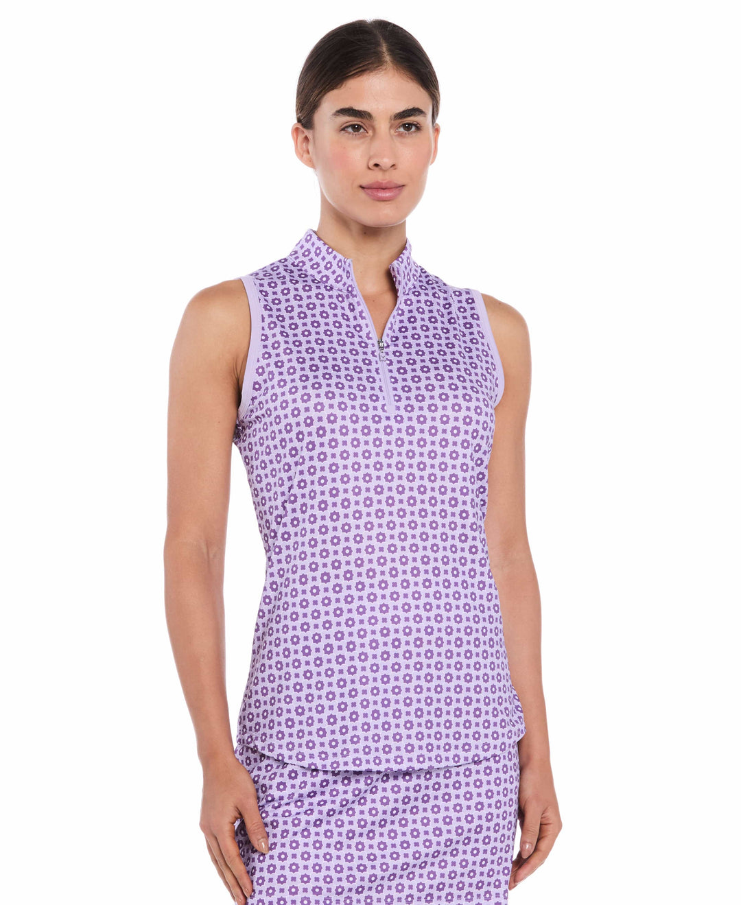 Women's Geo Print Zip Neck Golf Polo (Brilliant White) 