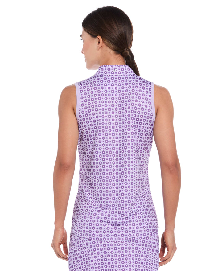 Women's Geo Print Zip Neck Golf Polo (Brilliant White) 