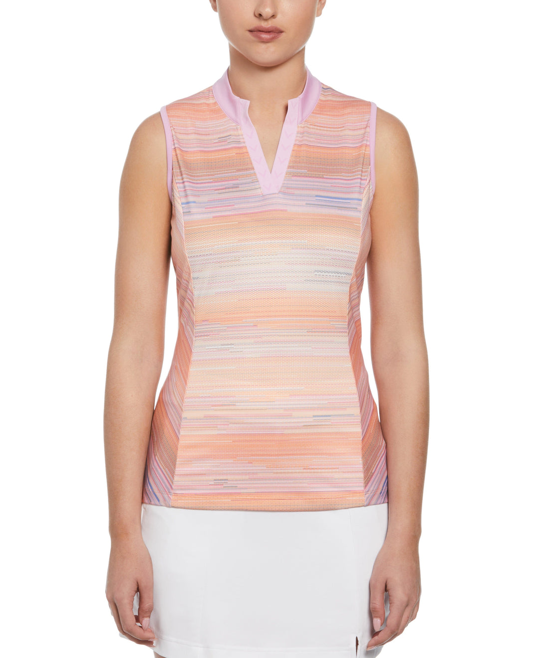 Striped Print Golf Polo with Chevron Placket (Papaya) 