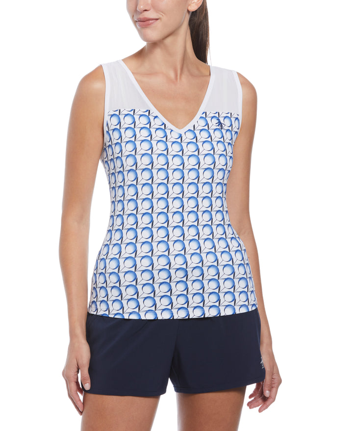 Tennis Print V-Neck Tank Top (Bright White) 