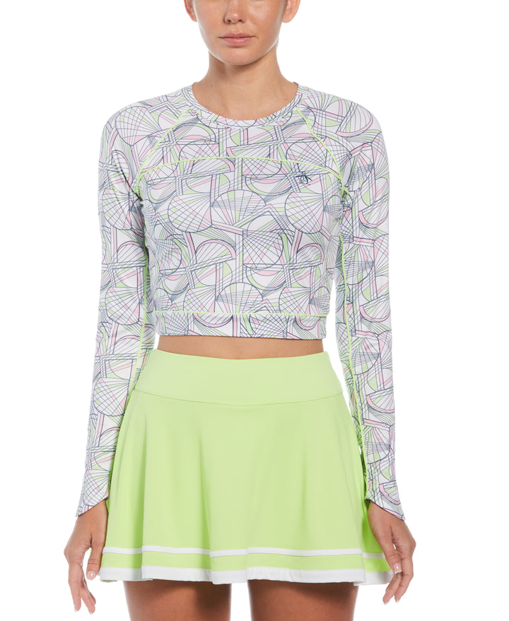 Tennis Racket Print Sun Protection Cropped Tennis Shirt (Bright White) 