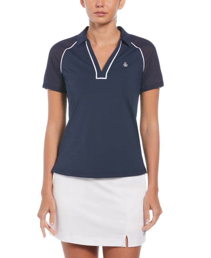 V-Neck Mesh Block Short Sleeve Golf Polo Shirt with Contrast Piping (Black Iris) 