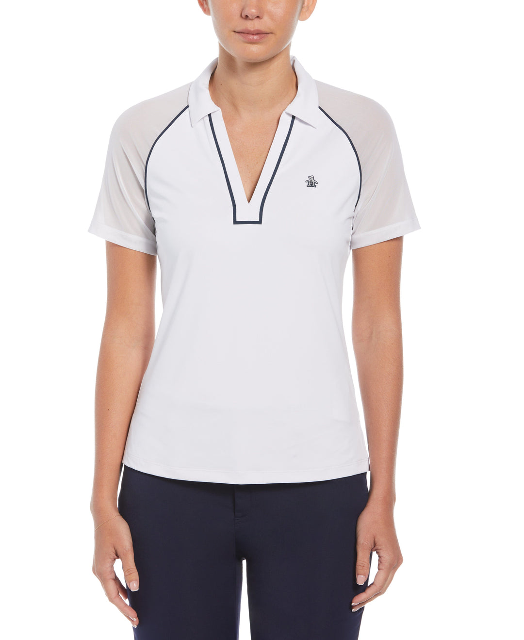 V-Neck Mesh Block Short Sleeve Golf Polo Shirt with Contrast Piping (Bright White) 