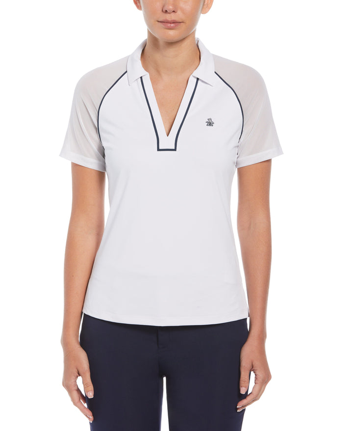 V-Neck Mesh Block Short Sleeve Golf Polo Shirt with Contrast Piping (Bright White) 