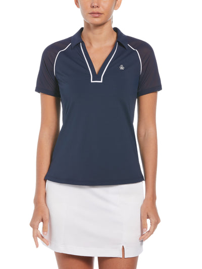 V-Neck Mesh Block Short Sleeve Golf Polo Shirt with Contrast Piping (Black Iris) 