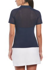 V-Neck Mesh Block Short Sleeve Golf Polo Shirt with Contrast Piping (Black Iris) 