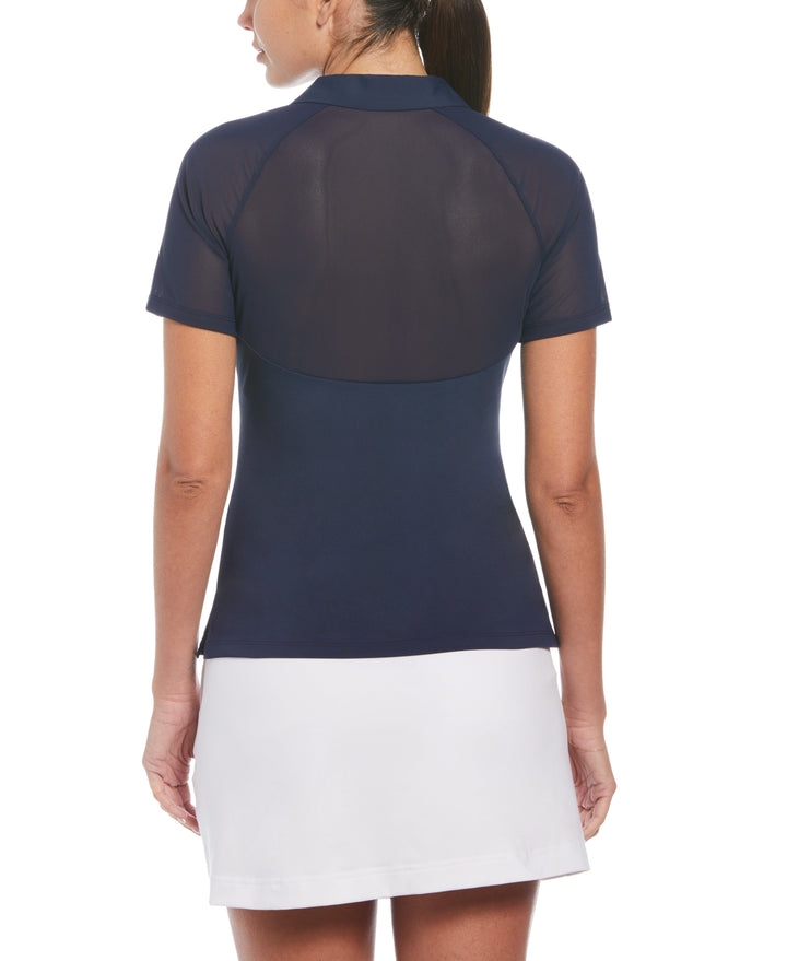 V-Neck Mesh Block Short Sleeve Golf Polo Shirt with Contrast Piping (Black Iris) 