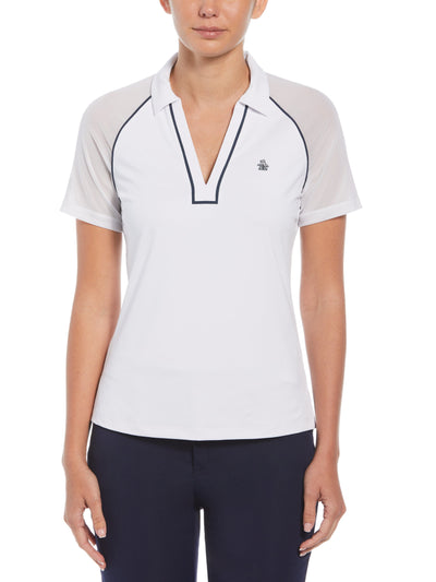 V-Neck Mesh Block Short Sleeve Golf Polo Shirt with Contrast Piping (Bright White) 