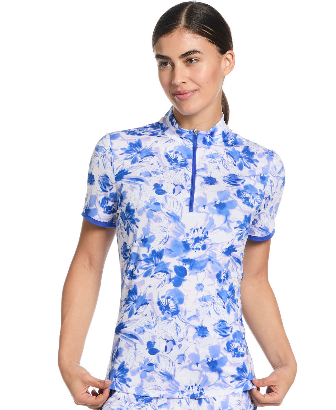 Women's Watercolor Print Zip Golf Polo (Blue Tattoo) 