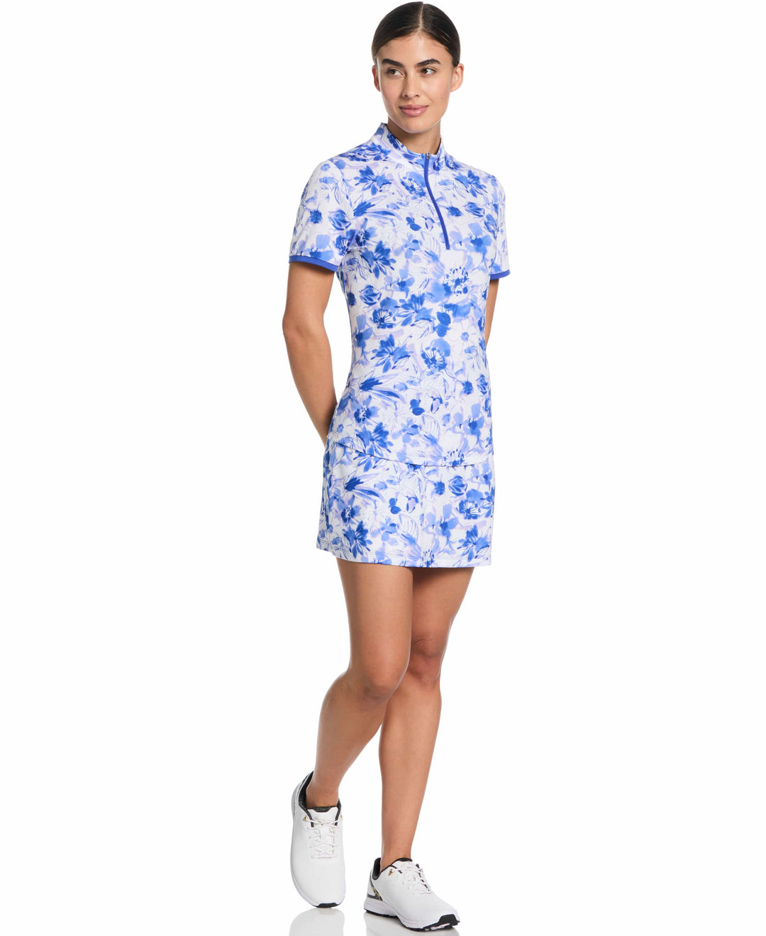 Women's Watercolor Print Zip Golf Polo (Blue Tattoo) 