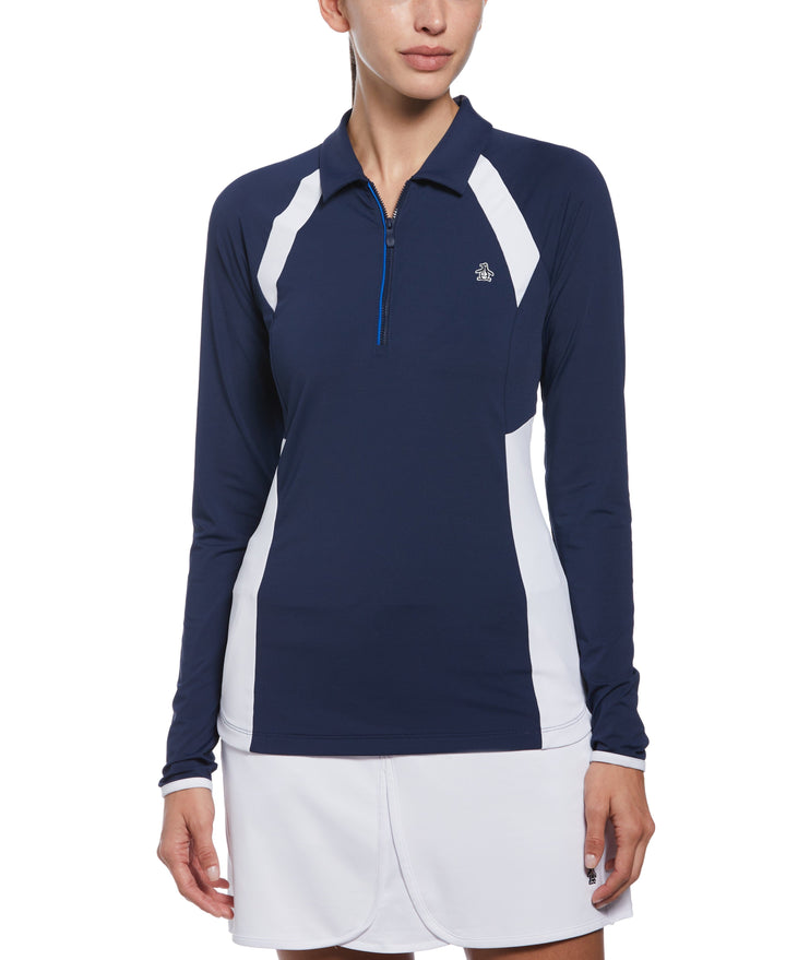 Womens Long Sleeve Colour Block Quarter Zip Golf Polo Shirt (Black Iris) 