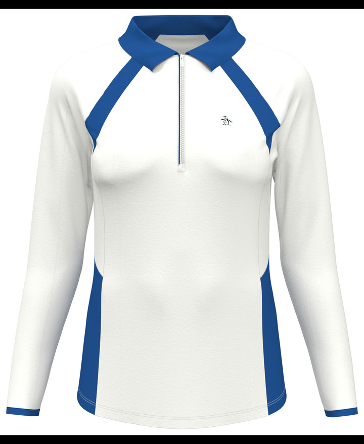 Womens Long Sleeve Colour Block Quarter Zip Golf Polo Shirt (Bright White) 