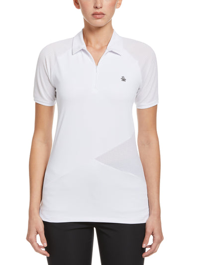 Zip Front Asymetrical Mesh Golf Polo Shirt (Bright White) 