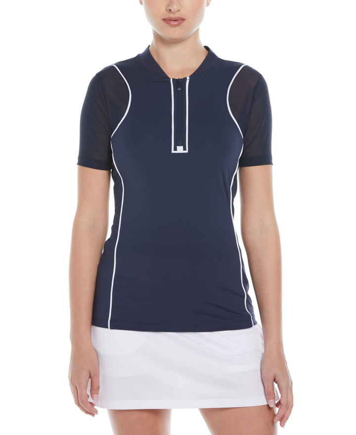 Zip Front Golf Top with Piping (Black Iris) 