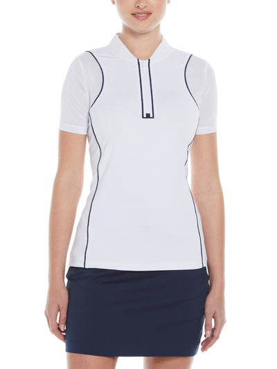 Zip Front Golf Top with Piping (Bright White) 