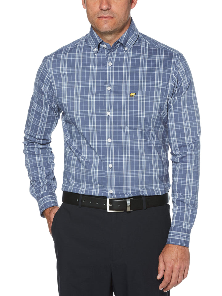 Men's Large Three Color Plaid Woven Long Sleeve Button-Down Shirt