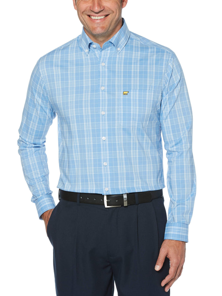 Men's Large Three Color Plaid Woven Long Sleeve Button-Down Shirt