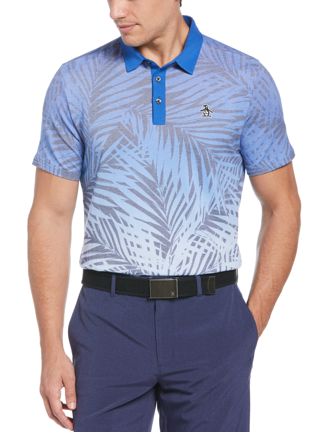 Resort Ombre Leaf Print Golf Polo (Blue Tattoo) 