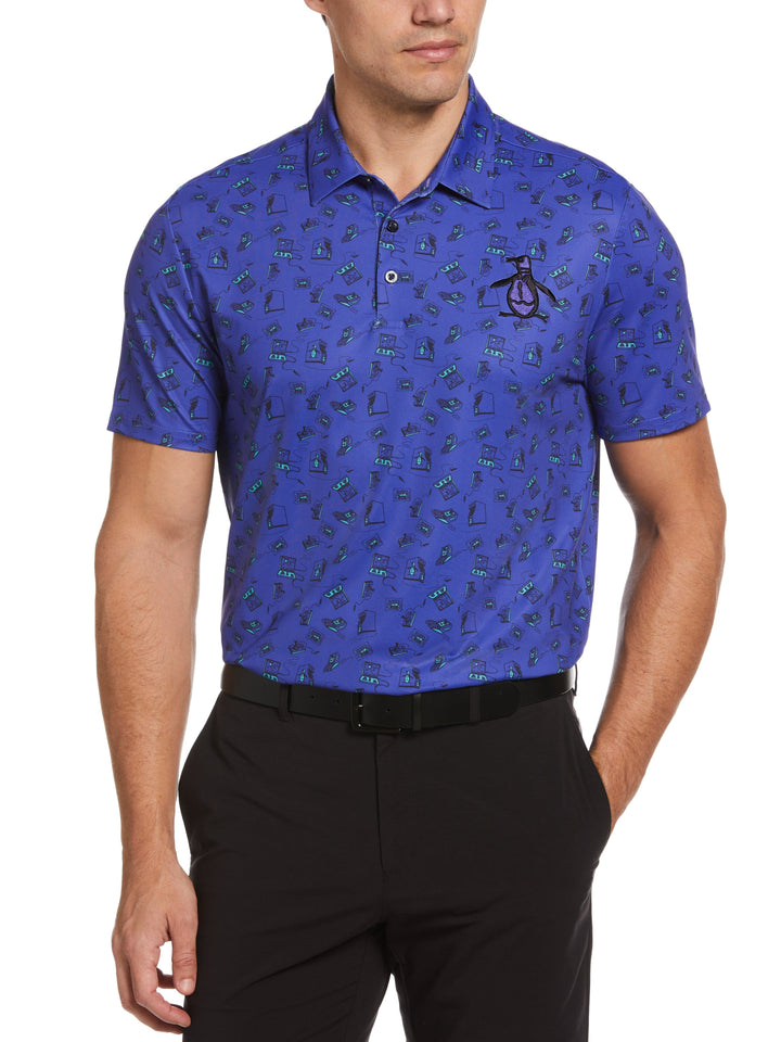Retro Arcade Print Golf Polo Shirt (Bluing) 