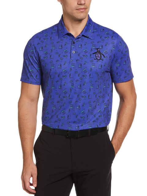 Retro Arcade Print Golf Polo Shirt (Bluing) 