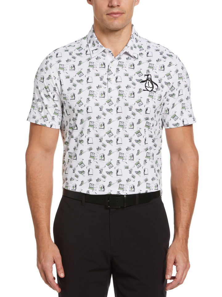 Retro Arcade Print Golf Polo Shirt (Bright White) 
