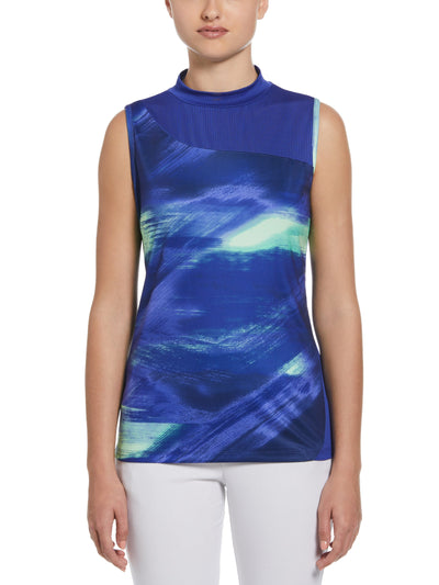 Brushed Abstract Print Golf Shirt with Asymmetrical Blocking (Bluing) 