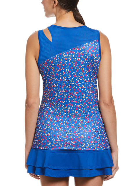 Confetti Geo Printed Asymmetrical Tennis Tank with Mesh Blocking (Lapis Blue) 