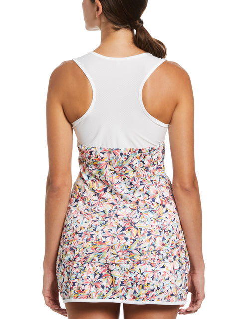 Floral Printed Racerback Tennis Tank Top with Mesh Inserts (Brilliant White) 