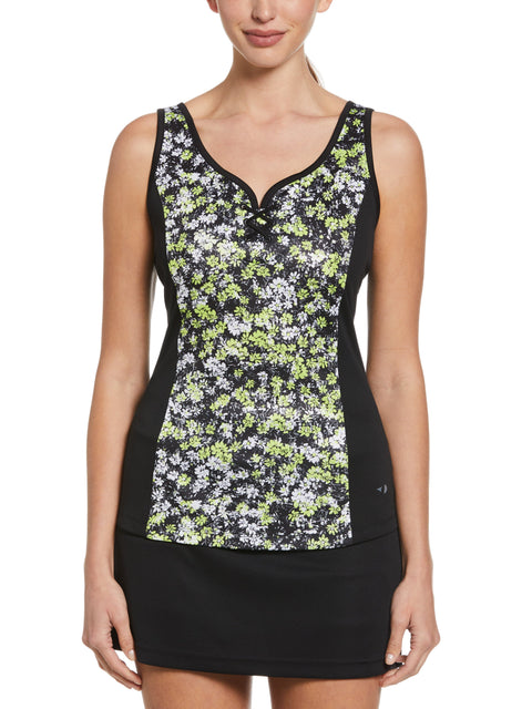 Floral Printed Strappy Tennis Tank with Tie Up Front Detail (Caviar) 