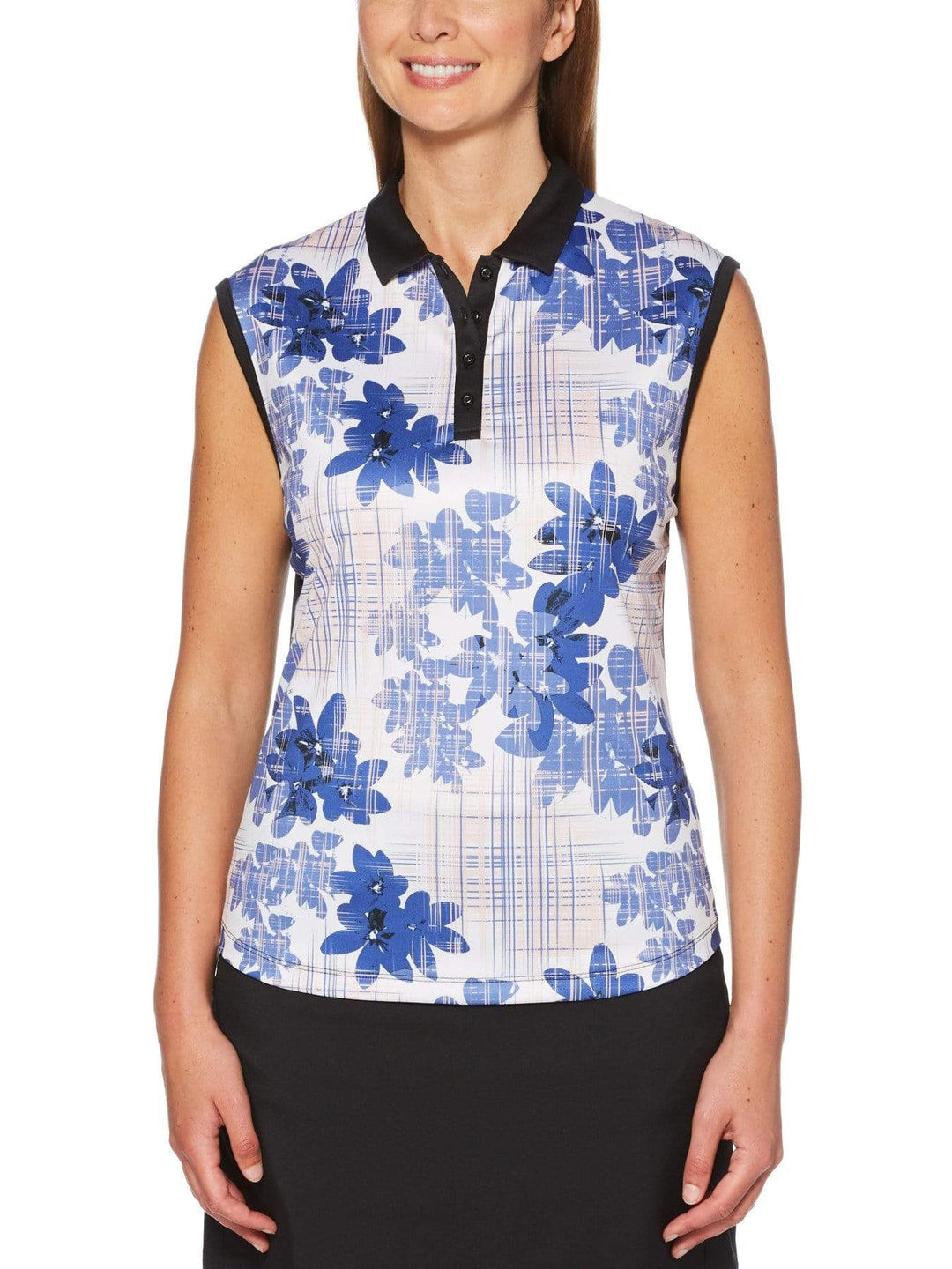 Women's Front Crosshatching Floral Print Sleeveless Golf Polo
