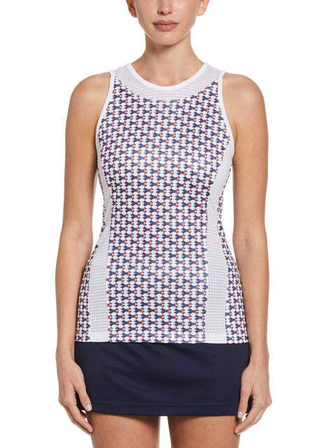 Geo Printed Tennis Tank with Mesh Piecing (Brilliant White) 