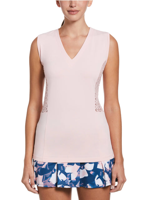 Women's V-Neck Tennis Top with Lace Inserts