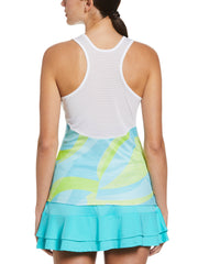 Wave Printed Asymmetrical Tennis Tank with Mesh Back (Blue Curacao) 